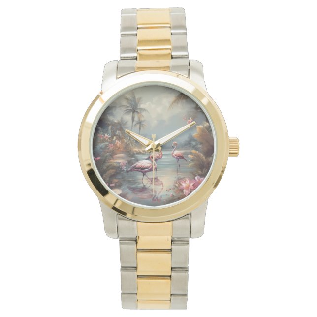 schöne Vintage botanische Gemälde Flamingos Armbanduhr (Vorderseite)