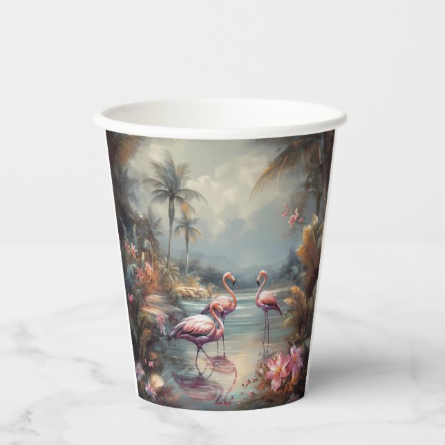 schöne Vintage botanische Gemälde Flamingos Pappbecher (Vorderseite)