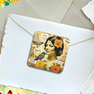 Schöne Vintage Frau mit Vögeln und Blume Quadratischer Aufkleber