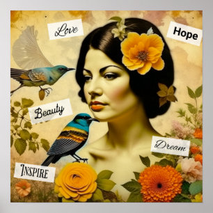Schöne Vintage-Frau mit Vögeln und Blumen Poster