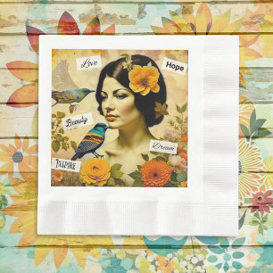 Schöne Vintage-Frau mit Vögeln und Blumen Serviette