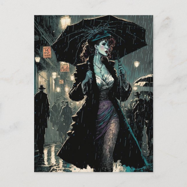 Schöne Vintage Frauenwanderungen im Regen Postkarte (Vorderseite)