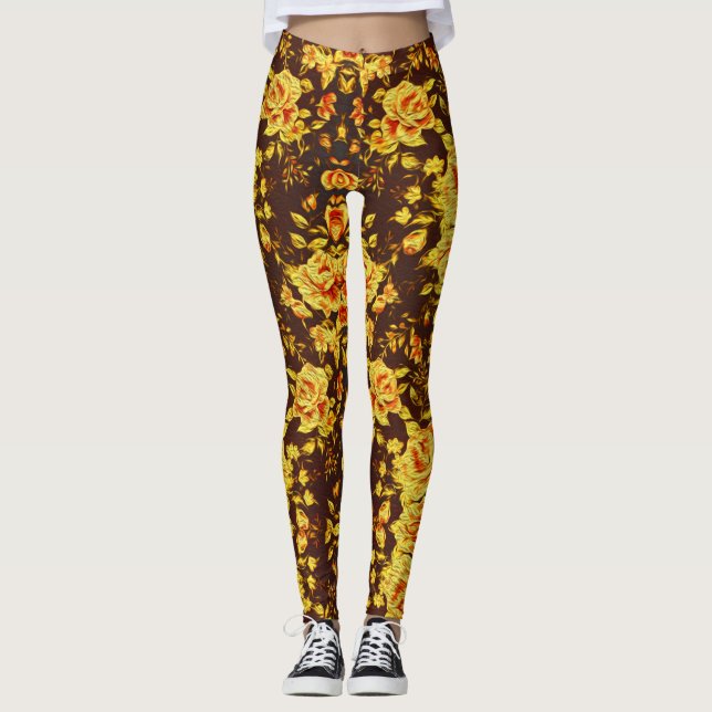 Schöne Vintage gelbe Blumen Leggings (Vorderseite)
