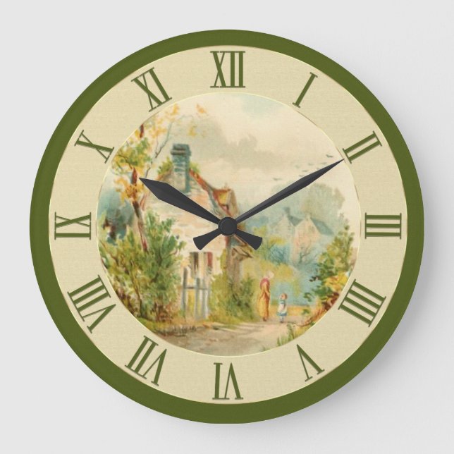 Schöne Vintage Landschaft Hütte grün Große Wanduhr (Vorderseite)
