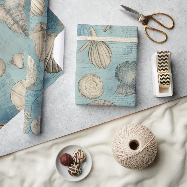 Schöne Vintage Muscheln in Blau Geschenkpapier (Kunsthandwerk)