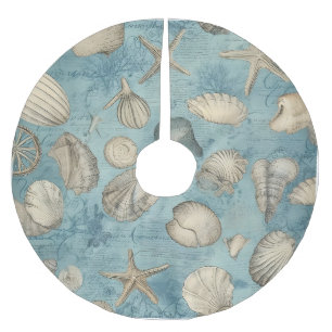 Schöne Vintage Muscheln in Blau Polyester Weihnachtsbaumdecke