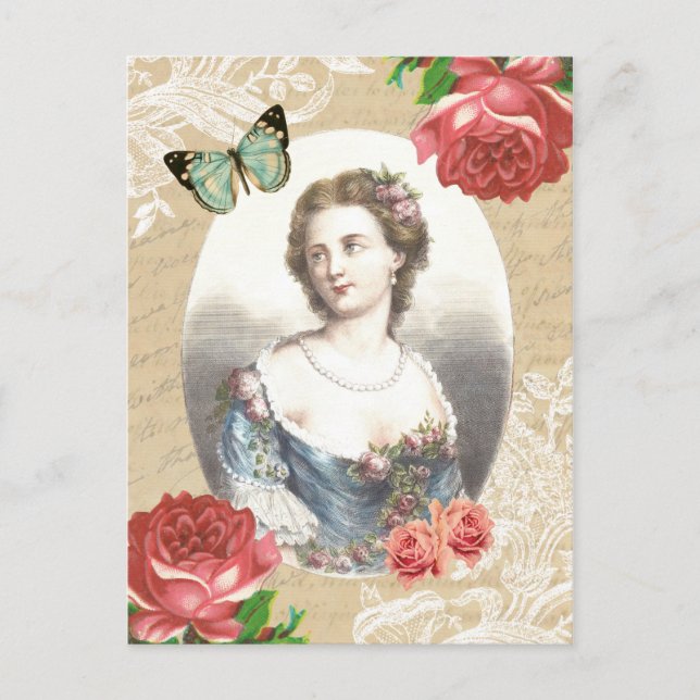 Schöne Vintage Postkarte mit Dame und Rose (Vorderseite)