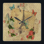 Schöne Vintage Postkarten Collage Eiffelturm Quadratische Wanduhr<br><div class="desc">Schöne Vintage Postkarten Collage Eiffelturm Rose Schmetterlinge Kompass antiken Schlüssel Lilie alte Weltkarte Polka Punkte Grunge alte Papier Effekt-Hintergrund Bild</div>