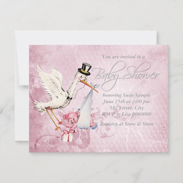 Schöne Vintage Rosa Stork Baby Dusche Einladung (Vorderseite)