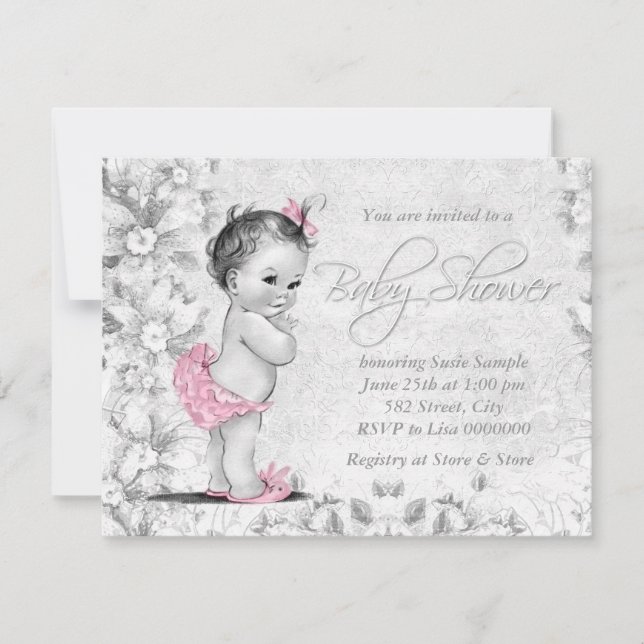 Schöne Vintage Rosa- und Graudusche Einladung (Vorderseite)