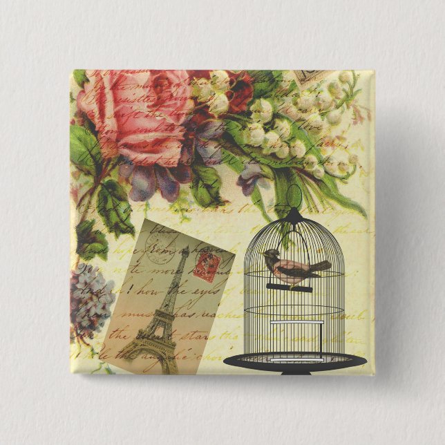 Schöne, Vintage Rose Blume Eiffelturm Button (Vorderseite)