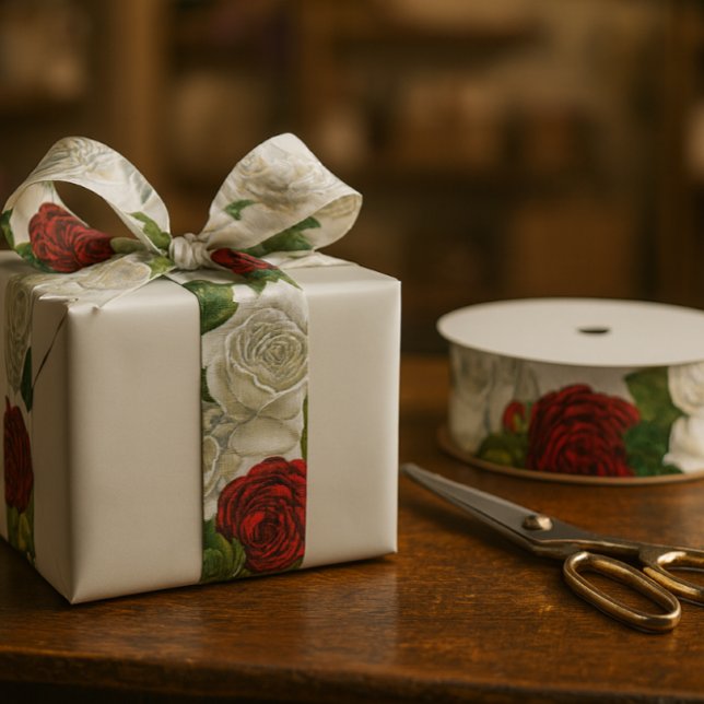 Schöne Vintage Rot- und Weißrosen Ripsband (A sophisticated white and red rose ribbon, ideal for both occasion gifts and crafting projects.)