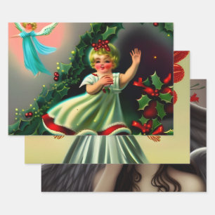 Schöne Vintage-Weihnachtsengel-Dekupage Geschenkpapier Set