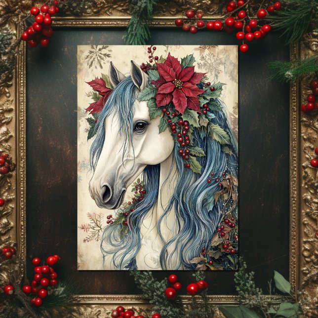 Schöne Vintage Weihnachtsfeier Feiertagskarte (Front - Beautiful Vintage Style Horse Christmas Holiday Card)