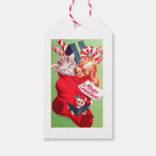 Schöne Vintage Weihnachtswelpen-Kätzchen-Maus Geschenkanhänger