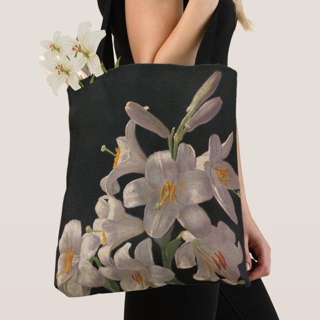 Schöne Vintage weiße Lilien auf schwarz Stilvoll Tasche (A beautiful, elegant tote bag, featuring vintage white lily flowers.)