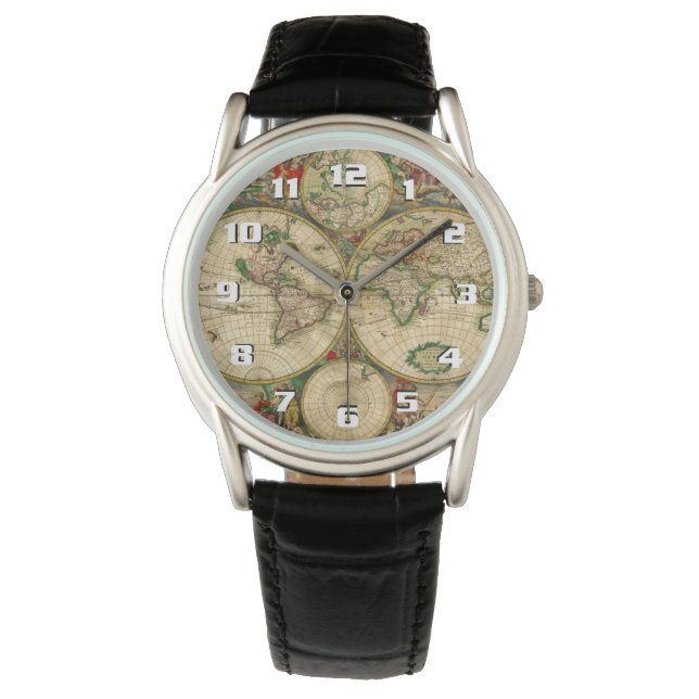 Schöne Vintage Weltkarte Armbanduhr (Vorderseite)