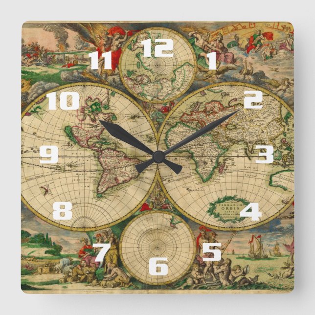 Schöne Vintage Weltkarten Quadratische Wanduhr (Vorderseite)