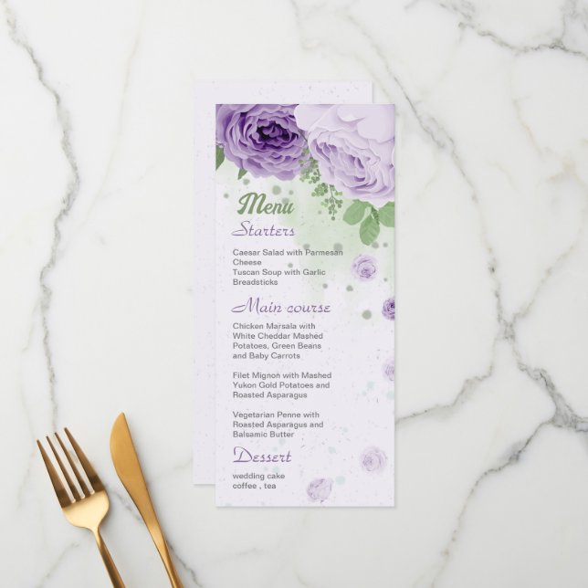 schöne violette Blumen grüne Blätter botanisch Menükarte (Vorderseite/Rückseite Beispiel)