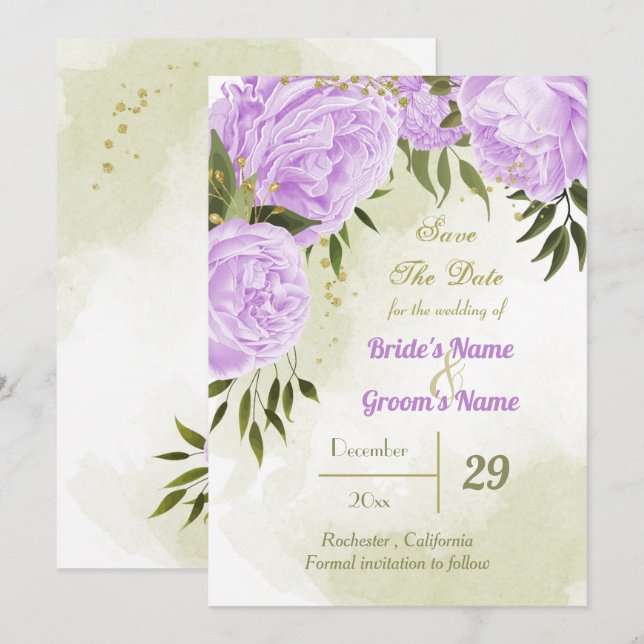 schöne violette Blumen grüne Blätter botanisch Save The Date (Vorne/Hinten)