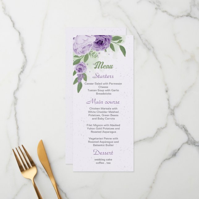 schöne violette Blumen grüne Blätter botanische Ic Menükarte (Vorderseite/Rückseite Beispiel)