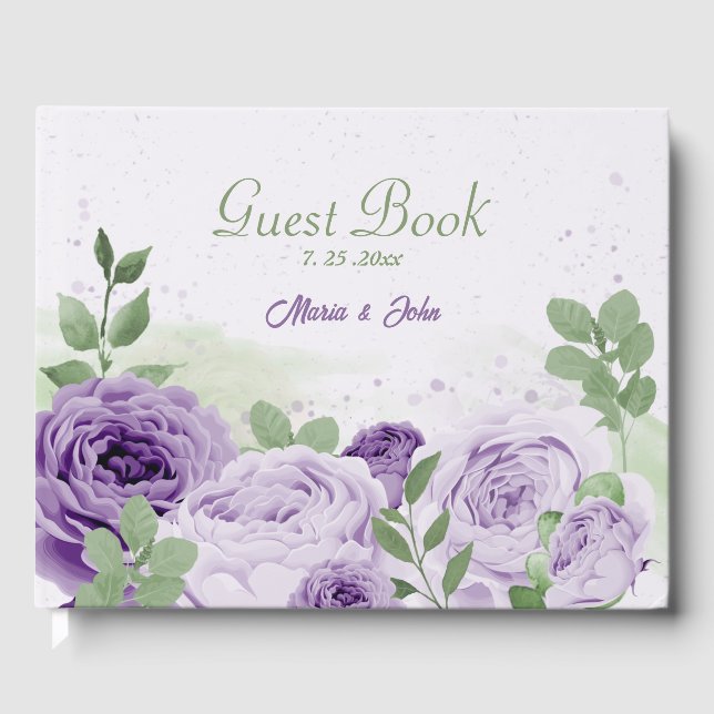 schöne violette Blumen Grüne Hochzeit Gästebuch (Vorderseite)