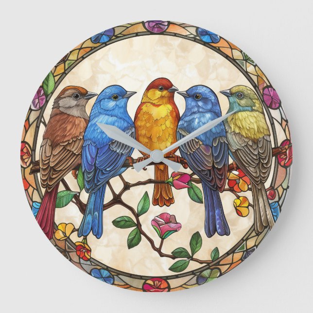 Schöne Vögel Pflanze Glaseffekte Malerei Kunst Große Wanduhr (Vorderseite)