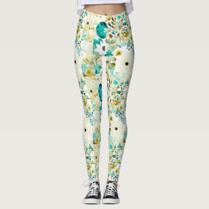Schöne Volkskunst Weiße und Türkisblaue Blumen Leggings
