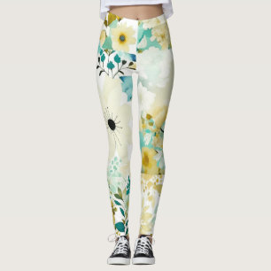 Schöne Volkskunst Weiße und Türkisfarbene Blumen Leggings