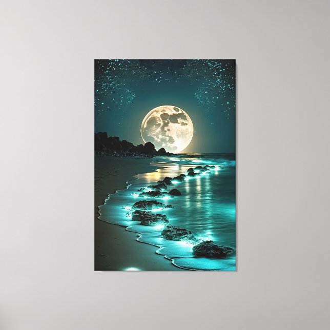 Schöne Vollmond Beach Starry Night Leinwanddruck (Vorderseite)