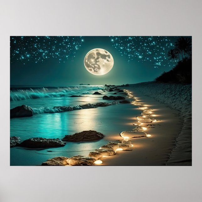 Schöne Vollmond Beach Starry Night Poster (Vorne)