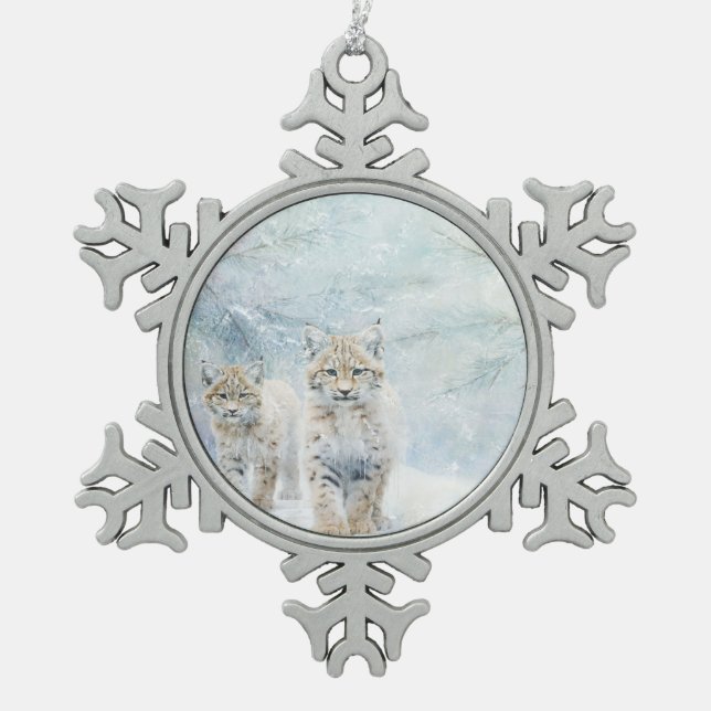 Schöne Waldtiere Bobcats Schneeflocken Zinn-Ornament (Vorderseite)