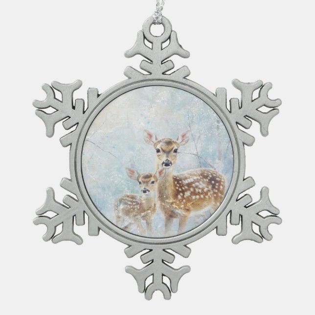 Schöne Waldtiere Hirsche Schneeflocken Zinn-Ornament (Vorderseite)