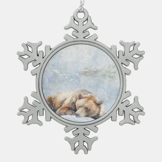 Schöne Waldtiere Schlafbär Schneeflocken Zinn-Ornament (Vorderseite)