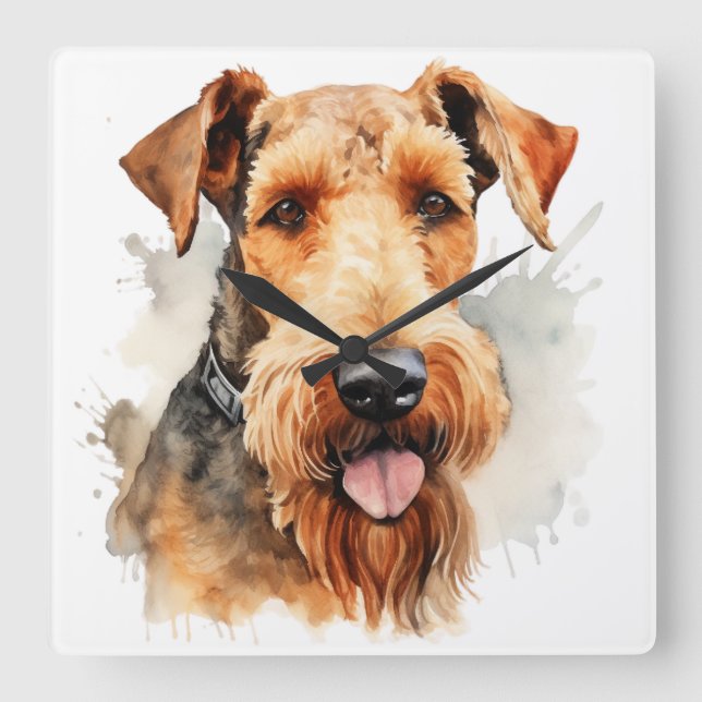 SCHÖNE WASSERFARBE BROWES AIREDALE TERRIER DOG QUADRATISCHE WANDUHR (Vorderseite)