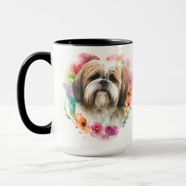 SCHÖNE WASSERFARBE BROWIN WHITE LHASA APSO HUND TASSE (Links)