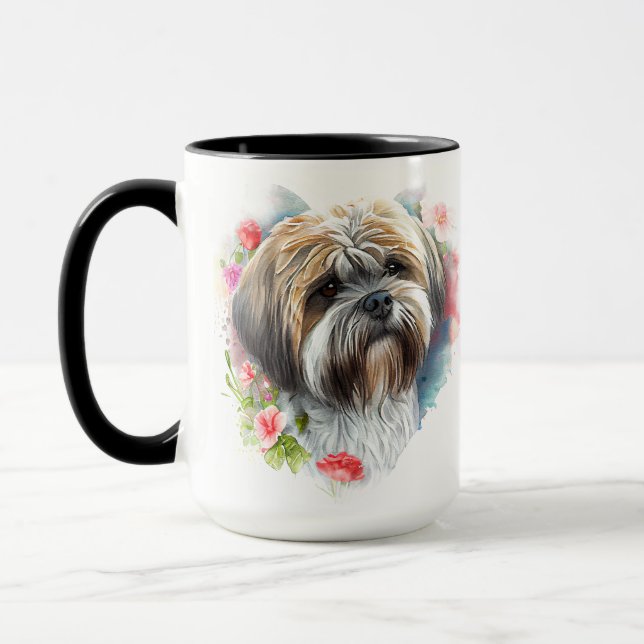 SCHÖNE WASSERFARBE BROWIN WHITE LHASA APSO HUND TASSE (Links)
