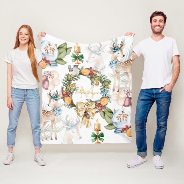 Schöne Wasserfarbe Hirsche Weihnachten Mit Monogra Fleecedecke (Beispiel)
