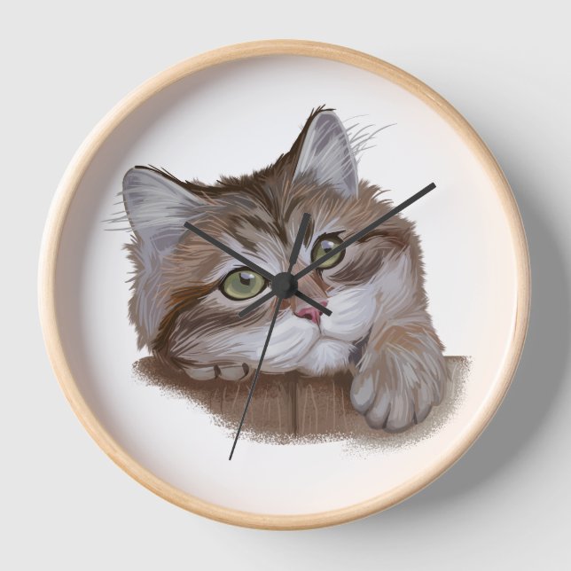 SCHÖNE WASSERFARBE MIT WEISSEM TABBY KATZE UHR (Vorderseite)