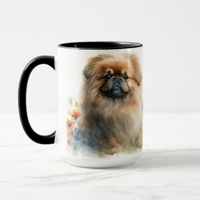 SCHÖNE WASSERFARBE PEKINGESE HUND UND BLUME TASSE (Links)