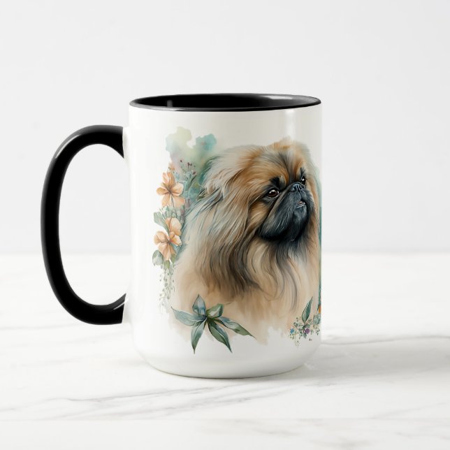SCHÖNE WASSERFARBE PEKINGESE HUND UND BLUME TASSE (Links)
