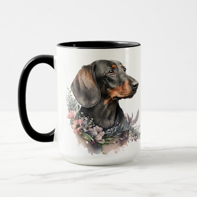 SCHÖNE WASSERFARBE SCHWARZ UND DACKEL HUND TASSE (Links)