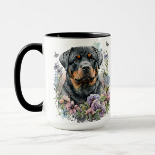 SCHÖNE WASSERFARBE SCHWARZ UND TAN ROTWEILLER HUND TASSE