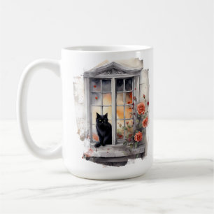 SCHÖNE WASSERFARBE SCHWARZE KATZE IM FENSTER KAFFEETASSE