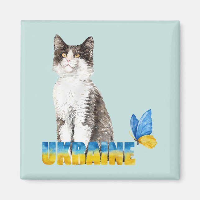Schöne Wasserfarbe Ukraine Katze und Schmetterling Magnet (Vorne)