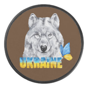 Schöne Wasserfarbe Ukraine Wolf und Schmetterling Eishockey Puck