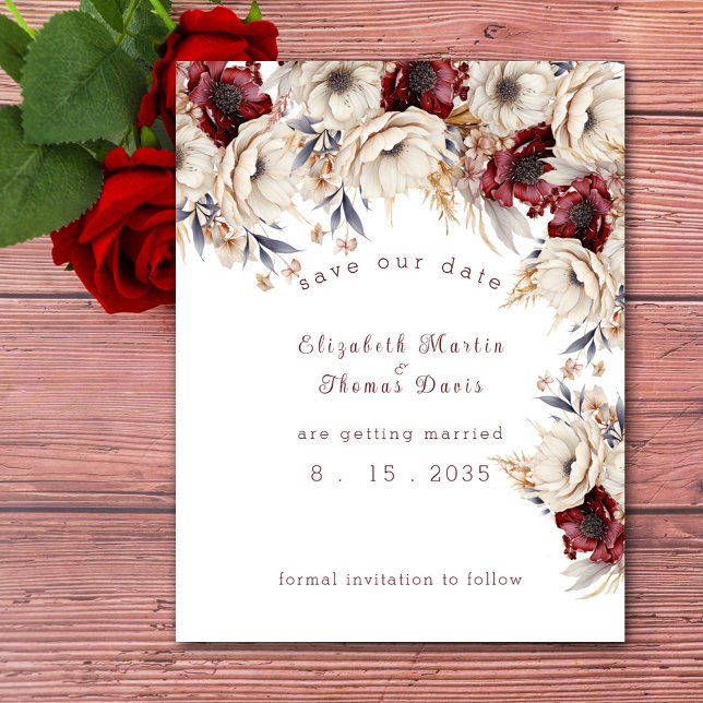 Schöne Wasserfarbe Weiße Rosen Burgundy Poppies Save The Date (Von Creator hochgeladen)