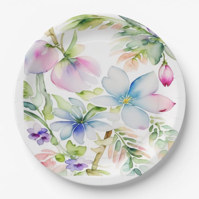 Schöne Wasserfarben Frühlingsblumen Blau Pink Pappteller (Vorderseite)