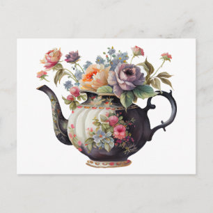 Schöne Wasserfarben-Teekanne, Blumen, Teetassen Postkarte