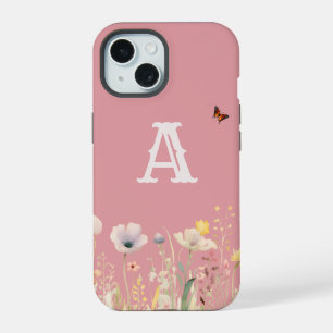 Schöne Wasserfarben-Wildblumen und Monogramm iPhone 15 Hülle